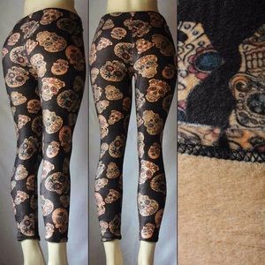Faux Fur Lined S/M Skeleton Sugar Skull Skinny Leggings Thermal Slim Brushed
